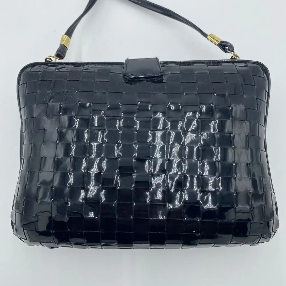 Pillbox Purse Basketweave Black Paten Leather Hard Case Optional Strap‎
